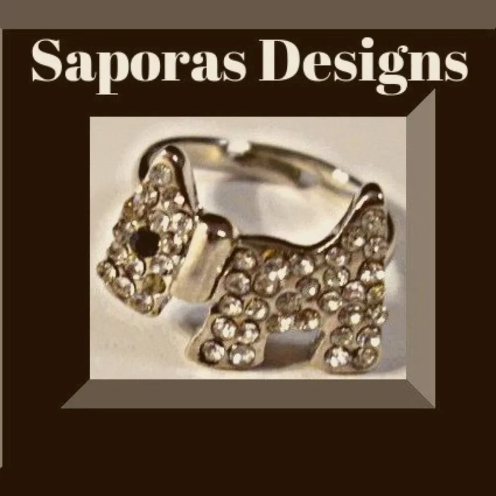 Silver Tone Dog / Puppy Design Ring With Clear & Black Crystals Size 3.5